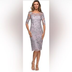 La Femme - 27895 Lace Bateau Fitted Dress in Lavender Gray Size 6 NWT